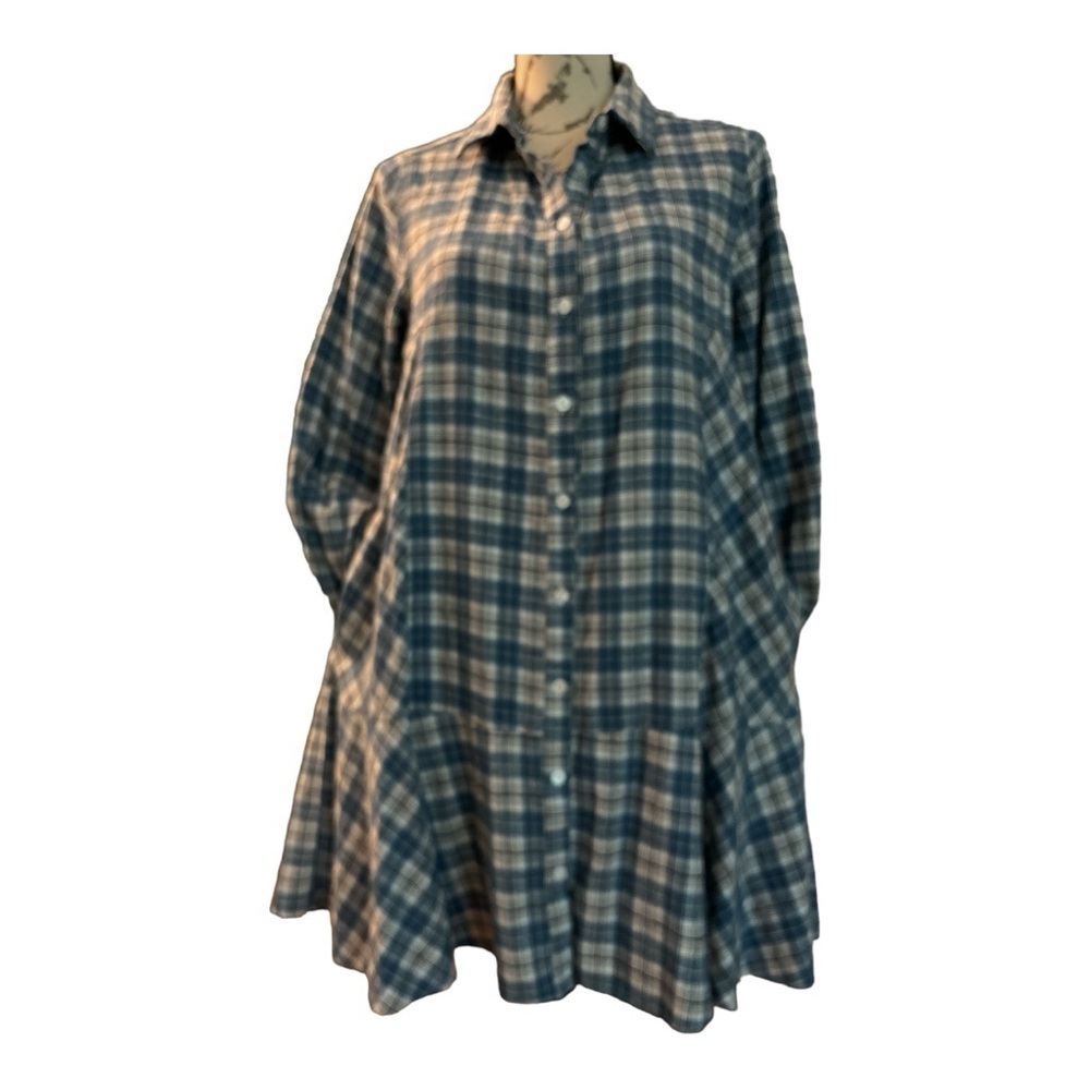 CALISTA buttondown light flannel dress, oversized, medium blue and gray plaid - Picture 3 of 11
